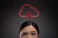 Unhappy Asian woman and cloud icon hologram effect