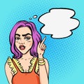 Unhappy bored young teenager girl pointing with finger on speech bubble. Stressed and angry young teen vector illustration in pop