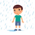 Unhappy boy under rain flat vector illustration. Sad preteen child in bad rainy weather.