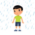 Unhappy boy under rain flat vector illustration. Sad preteen child in bad rainy weather. Royalty Free Stock Photo