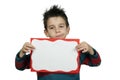 Unhappy Boy who holds white board. Royalty Free Stock Photo