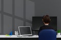 Unhappy businessman overtime working, using computer overwork overnight in office, 3D rendering Royalty Free Stock Photo