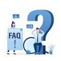 Unhappy businessman sitting on big question mark and thinking. Female assistant giving FAQ or support. Solving business problems