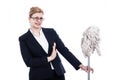 Unhappy businesswoman with mop