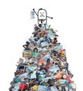 Unhappy cartoon man on the top of a big pile of garbage