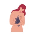 Unhappy cartoon woman having chest pain vector flat illustration. Lonely young female with broken heart and empty