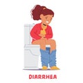 Unhappy Child Girl Character With Diarrhea Sits On The Toilet, Uncomfortable And Pale, Seeking Relief From A Stomach