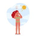 Unhappy Child With Sunburned Skin, Red And Painful, Feel Discomfort And Distress. Girl Character Reminds Of Protection Royalty Free Stock Photo