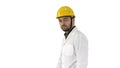 Unhappy construction site engineer talking and walking on white background.