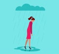 Unhappy depressed loneliness sad woman in stress with negative emotion problem walking under rain cloud. Alone loser