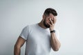 Unhappy depressed male cry, feel desperate and lonely, in stressed from work, unemployment, anxiety Royalty Free Stock Photo