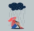 Unhappy depressed sad girl in stress with negative emotion problem sitting under rain cloud. Loneliness woman. Alone