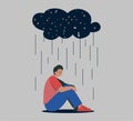 Unhappy depressed sad man in stress with negative emotion problem sitting under rain cloud. Loneliness guy. Alone loser