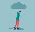 Unhappy depressed sad man in stress with negative emotion problem walking under rain cloud. Loneliness guy. Alone loser