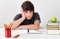 Unhappy and depressed student boy is feeling confused  while doing his homework Royalty Free Stock Photo