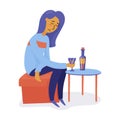 Unhappy, depressed woman, girl drinking wine alone