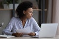 Unhappy ethnic woman feel unmotivated working on computer Royalty Free Stock Photo