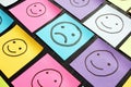 Unhappy face and drawn smiles faces. Satisfaction survey and customer service experience