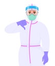 Unhappy female doctor in safety protective suit, glasses and mask showing thumbs down gesture sign. Physician gesturing dislike