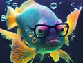 Unhappy funny fish face anthropomorphic person in glasses neon glowing, amusing humorous smart ass