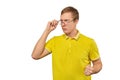 Unhappy geek guy in glasses and yellow T-shirt ready to fight with fists isolated white background Royalty Free Stock Photo