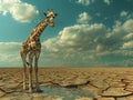 Unhappy giraffe in the desert. Dry cracked soil with a small puddle of water. Image for environmental awareness and climate