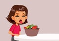 Unhappy Girl Avoiding Eating Salad Vector Cartoon Illustration