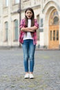 Unhappy girl child with vogue look wear casual fashion clothes urban outdoors, style