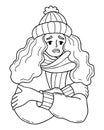 Unhappy girl in knitted hat and scarf freezing wearing and shivering. Outline vector illustration. hand drawn doodle