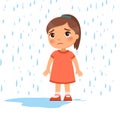 Unhappy girl under rain flat vector illustration. Sad preteen child in bad rainy weather.