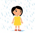 Unhappy girl under rain flat vector illustration. Sad preteen child in bad rainy weather.