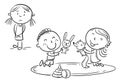 Unhappy girl watching other kids playing, preschoolers socialization problems, outline cartoon illustration