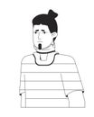 Unhappy guy has neck injury flat line black white vector character