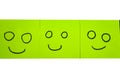 Unhappy and happy concept. Background of sticky notes. Green sticky note is among yellow sticky notes Royalty Free Stock Photo