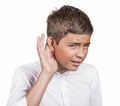 Unhappy hard of hearing man placing hand on ear asking speak up Royalty Free Stock Photo