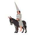 An unhappy heretic in a cone cap rides a donkey. Royalty Free Stock Photo