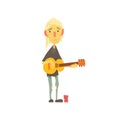 Unhappy homeless man character in ragged clothes playing guitar on the street, unemployment person needing help vector