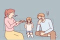 Unhappy child crying with parents fighting