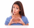 Unhappy lady gesturing a heart sign