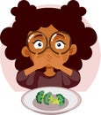 Picky Eater Hating Broccoli Covering her Mouth Vector Cartoon Illustration