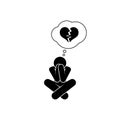 unhappy love illustration, man sitting grieving about his broken heart, stick figure pictogram human
