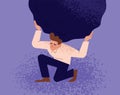 Unhappy man carrying giant heavy boulder or stone. Concept of overburdened person, guy overloaded with difficult problem Royalty Free Stock Photo