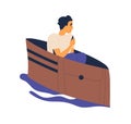 Unhappy man floating on pond in empty wallet vector flat illustration. Poor male loss wealth feeling lack of money Royalty Free Stock Photo