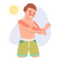 Unhappy man suffering from hand sunburn vector