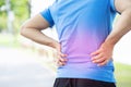 Unhappy man suffering from Sport injury while exercise, with Lower back pain in the spine with back ache. people ,health care Royalty Free Stock Photo