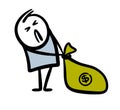 Unhappy man trying to carry away a heavy bag of money from the bank. Royalty Free Stock Photo