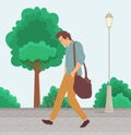 Unhappy man walks down street with a bag on the shoulder. A frustrated person goes to work