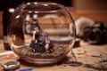 Unhappy Miniature man trapped inside a fishbowl.