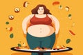 Unhappy obese woman stand on scales shocked by weight gain. Upset stressed fat girl frustrated by number on weigh. Overweight,