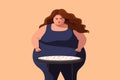Unhappy obese woman stand on scales shocked by weight gain. Upset stressed fat girl frustrated by number on weigh. Overweight,